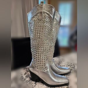 Dolls Kill Sold Out SIMMI Benton-1 Silver Rhinestone Cowboy Boot